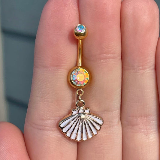 Gold Color-Shifting Shell Belly Button Ring (14G | 10mm | Surgical Steel | Gold or Silver)
