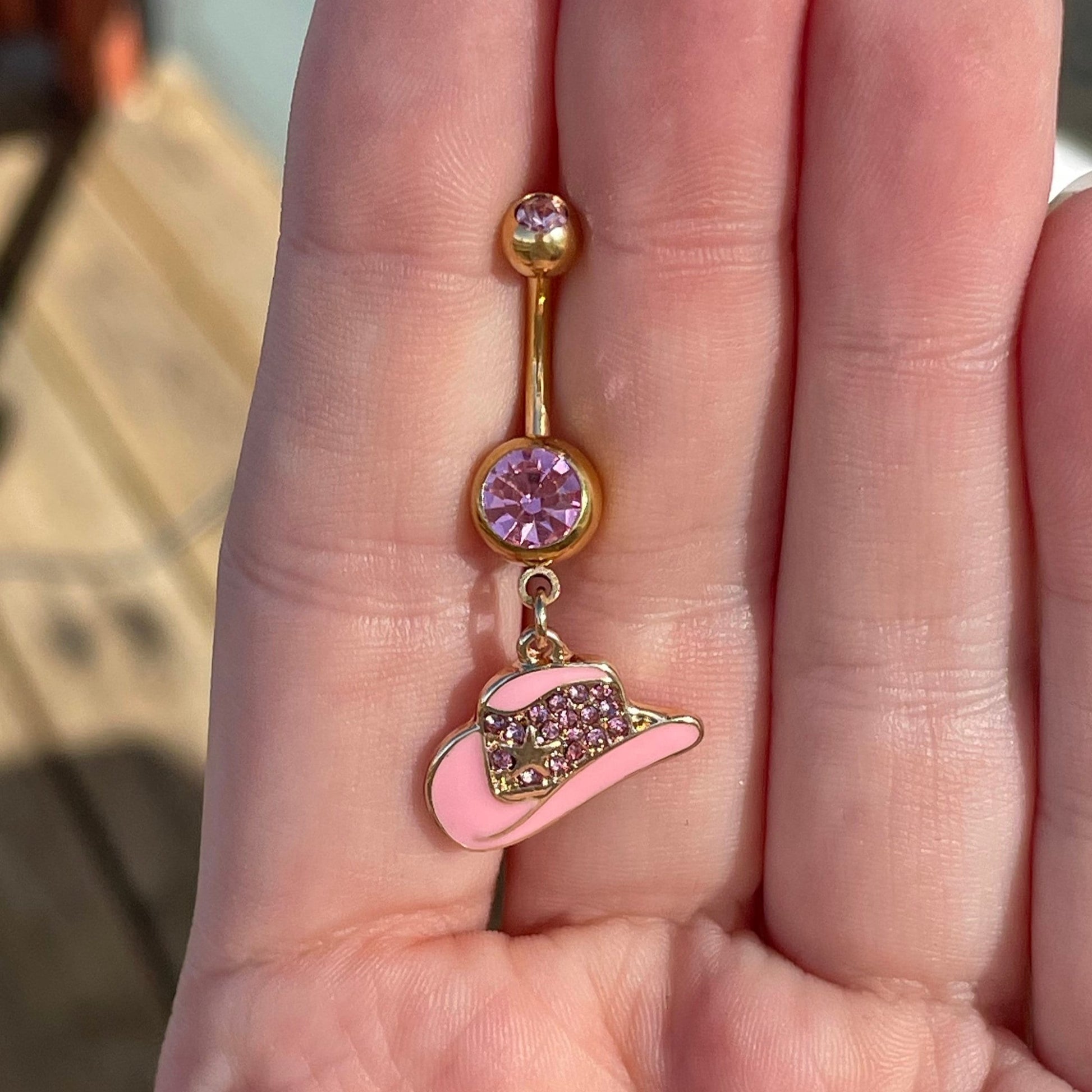 Cute Cowboy Hat Belly Button Ring (14G | 10mm | Surgical Steel | Gold & Pink or Silver & Blue)