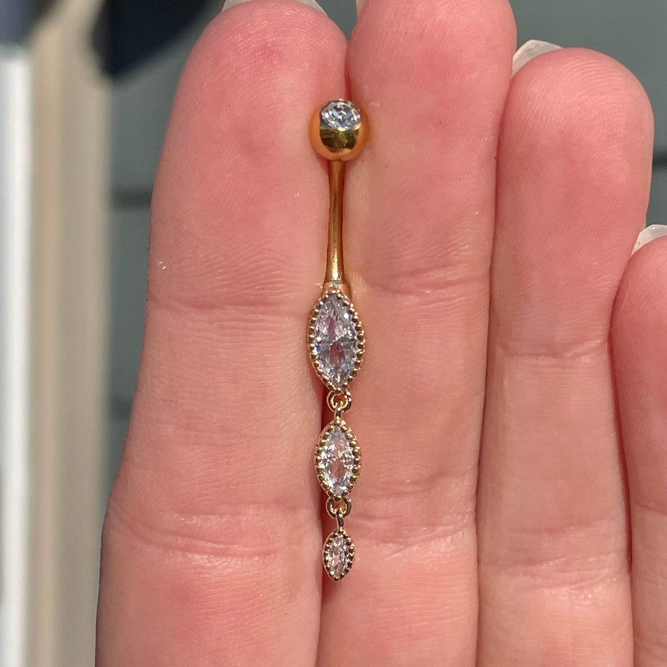 Marquise Crystal Gold Belly Button Ring (14G | 10mm | Surgical Steel | Rose Gold, Gold or Silver)