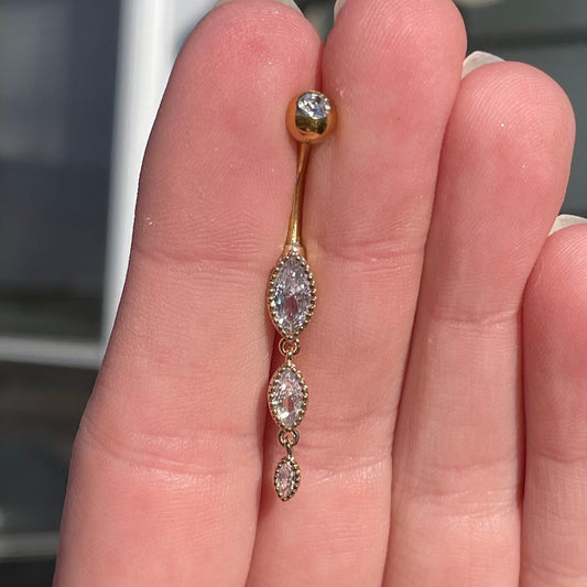 Marquise Crystal Gold Belly Button Ring (14G | 10mm | Surgical Steel | Rose Gold, Gold or Silver)