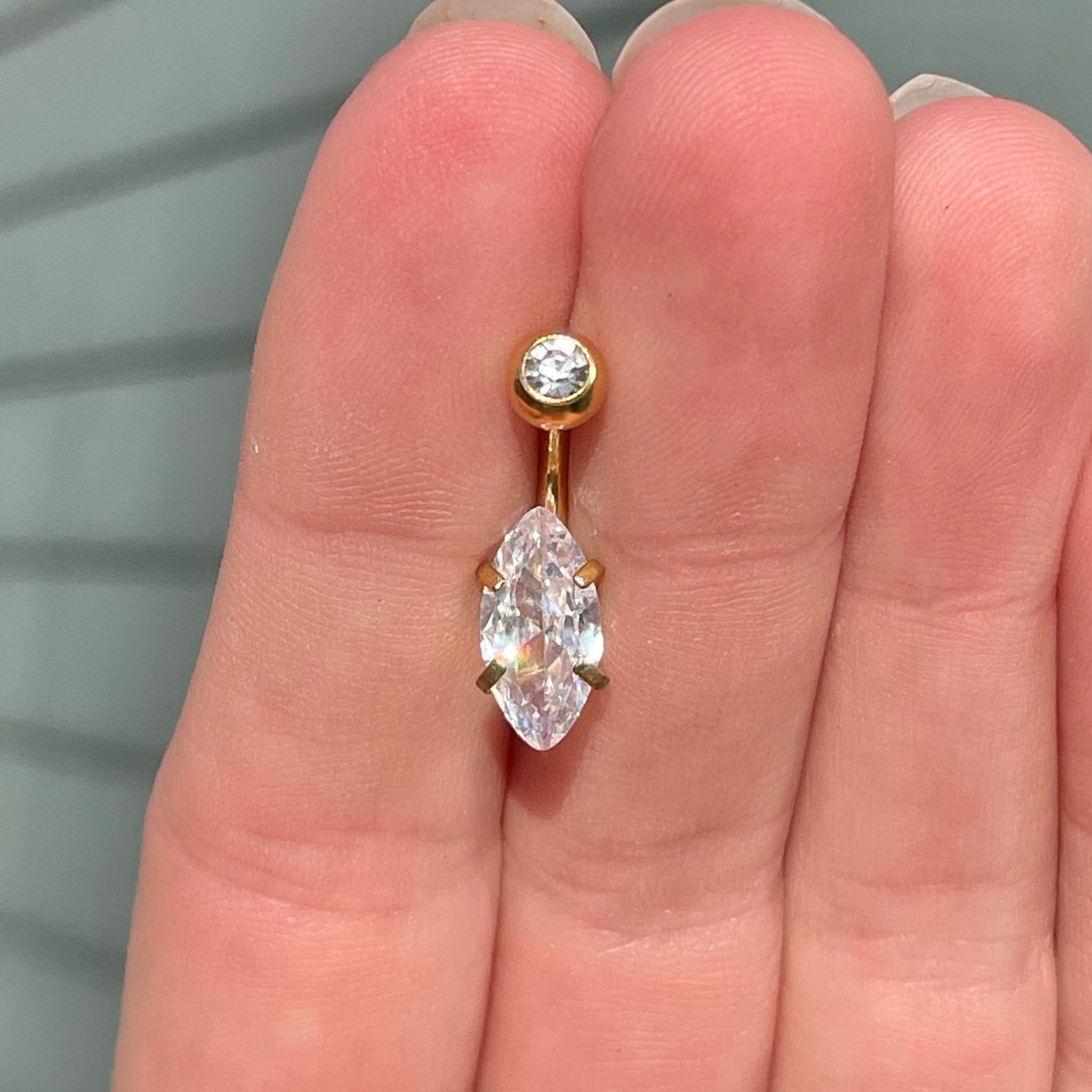 Small Marquise Crystal Gold Belly Button Ring (14G | 10mm | Surgical Steel | Rose Gold, Gold or Silver)