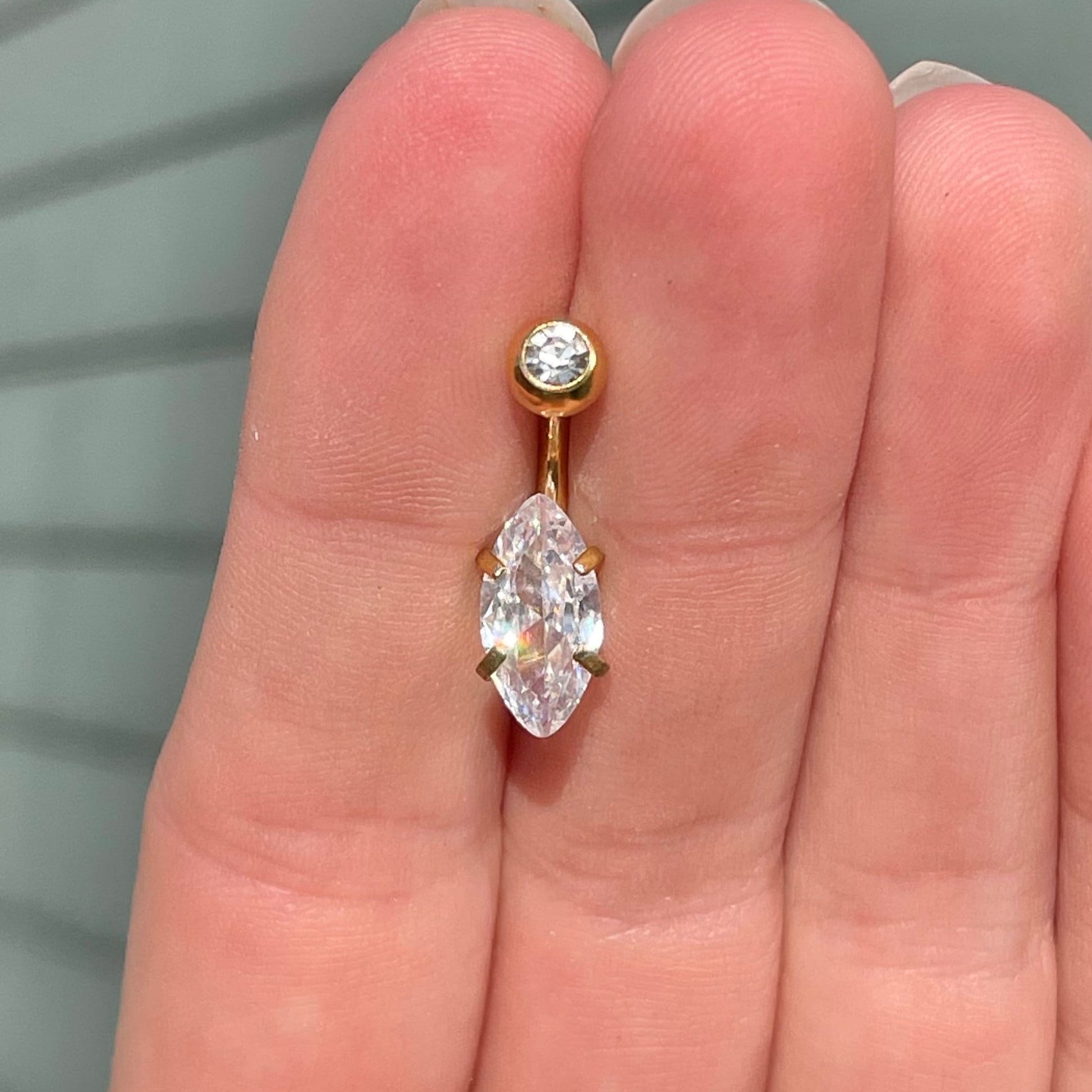 Small Marquise Crystal Belly Button Ring (14G | 10mm | Surgical Steel | Rose Gold, Gold or Silver)