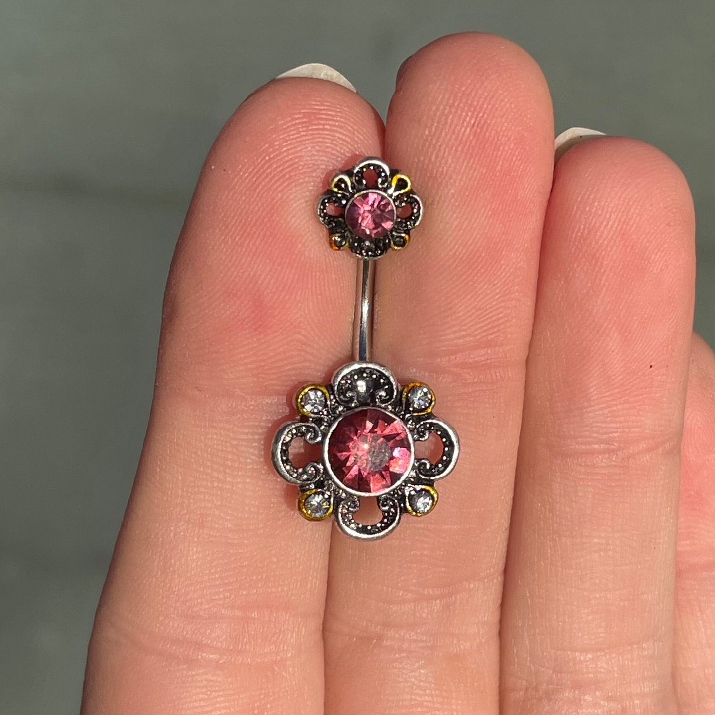 Silver CZ Flower Belly Button Ring (14G | 10mm | Surgical Steel | Blue, Pink, Multicolored, or Clear CZ)