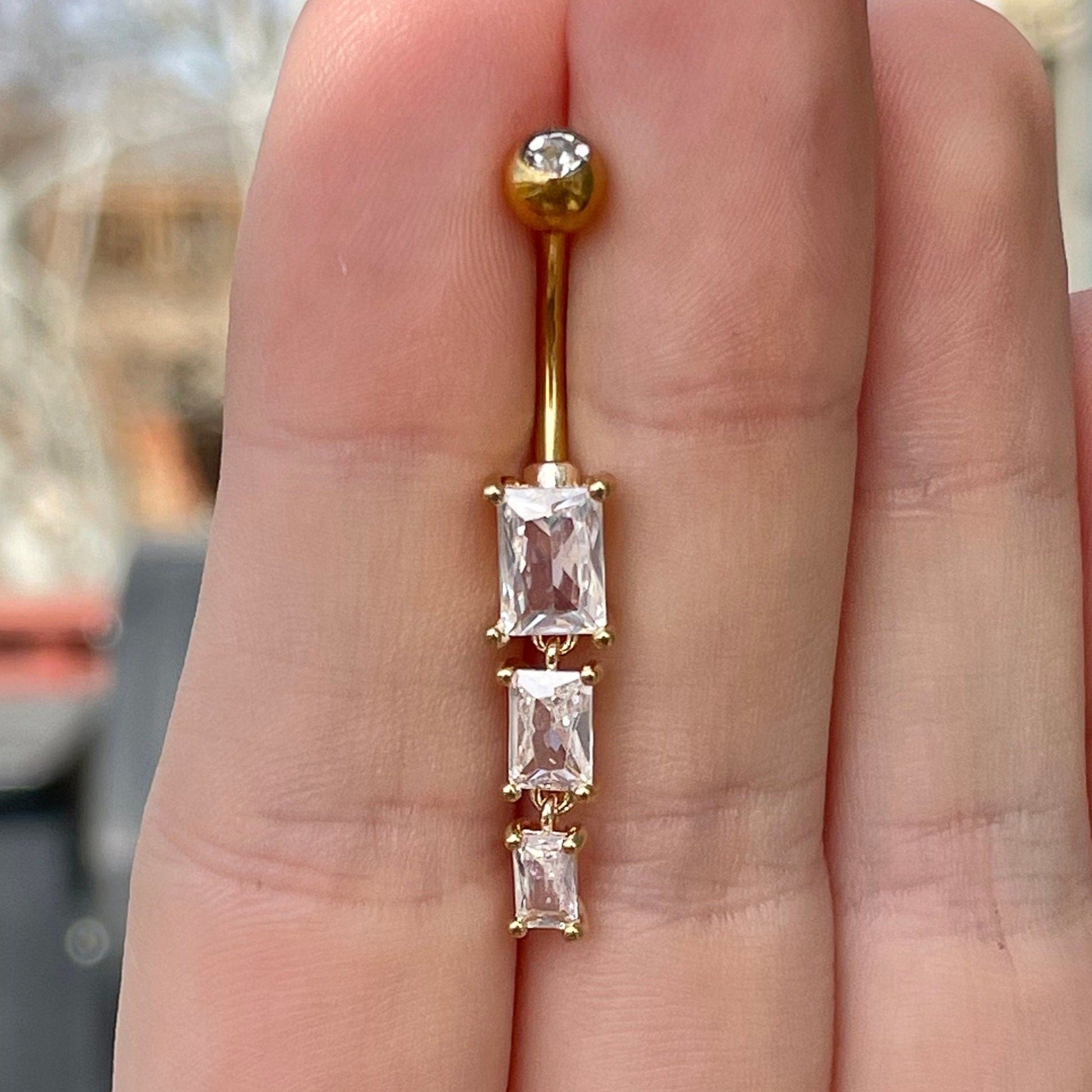 Gold Emerald Cut Drop Belly Button Ring (14G | 10mm | Surgical Steel | Gold, Rose Gold, or Silver)