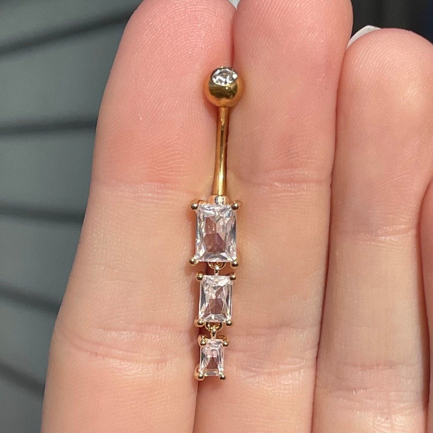 Gold Emerald Cut Drop Belly Button Ring (14G | 10mm | Surgical Steel | Gold, Rose Gold, or Silver)
