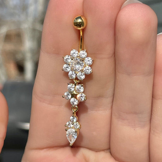 Dangly Gold Flower Belly Button Ring (14G | 10mm | Surgical Steel | Gold or Silver)