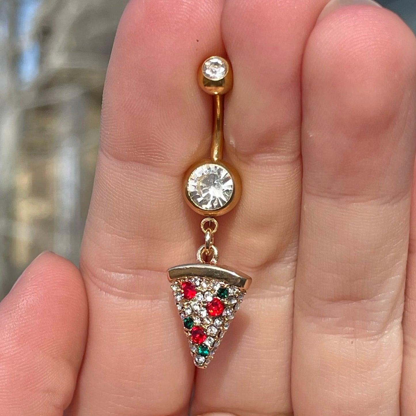 Sparkling Gold Pizza Belly Button Ring (14G | 10mm | Surgical Steel | Gold or Silver)