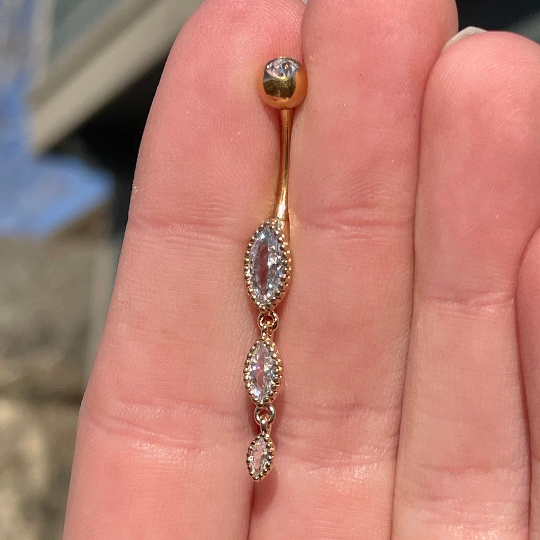 Marquise Crystal Gold Belly Button Ring (14G | 10mm | Surgical Steel | Rose Gold, Gold or Silver)