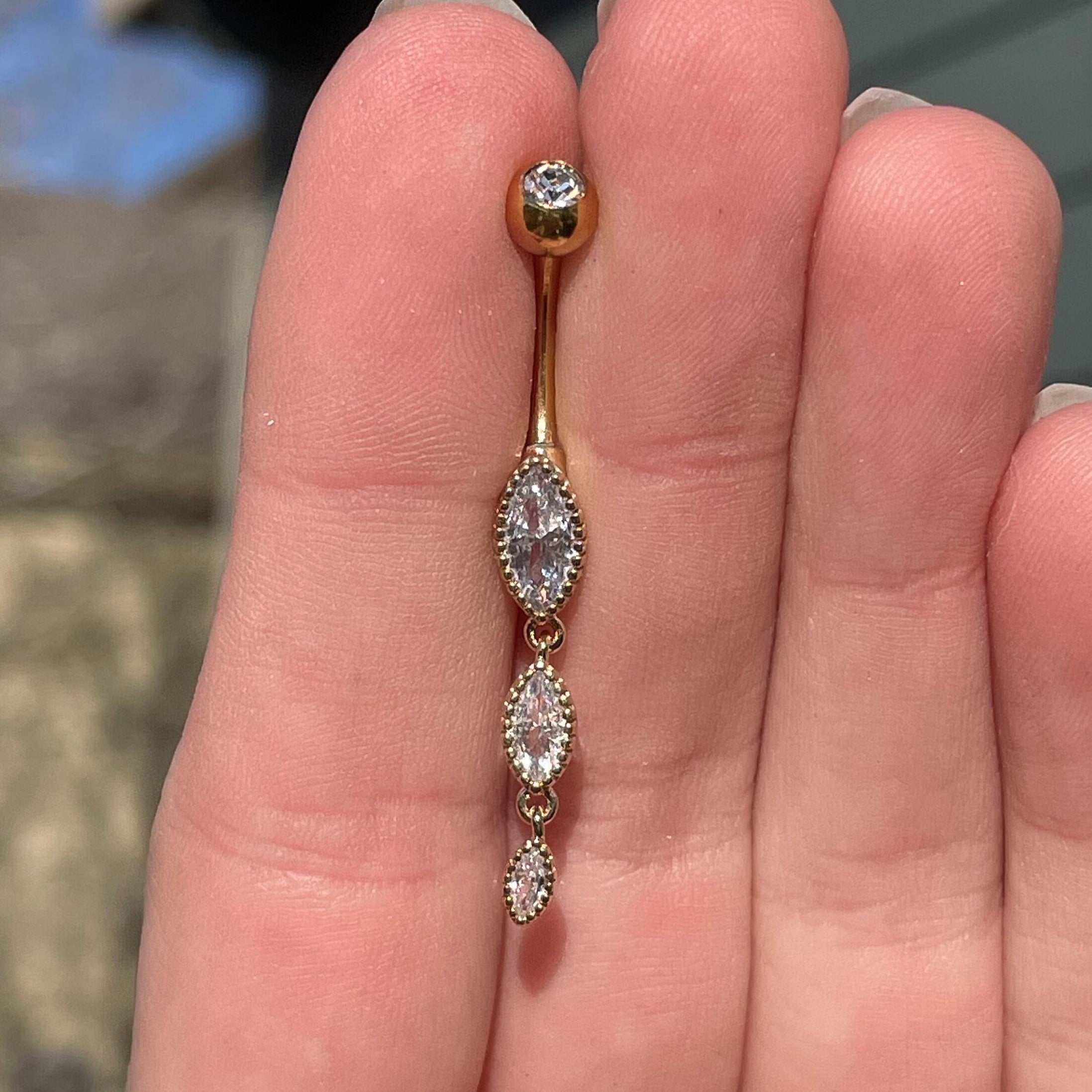 Marquise Crystal Gold Belly Button Ring (14G | 10mm | Surgical Steel | Rose Gold, Gold or Silver)