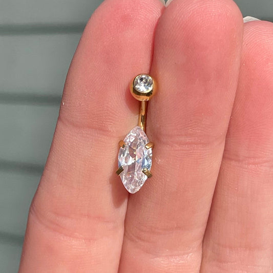 Small Marquise Crystal Gold Belly Button Ring (14G | 10mm | Surgical Steel | Rose Gold, Gold or Silver)