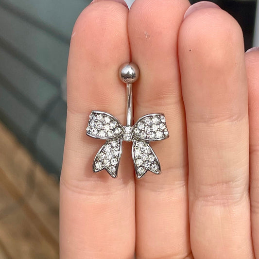 Cute Silver Bow Belly Button Ring (14G | 10mm | Surgical Steel | Silver, Gold, Rose Gold)