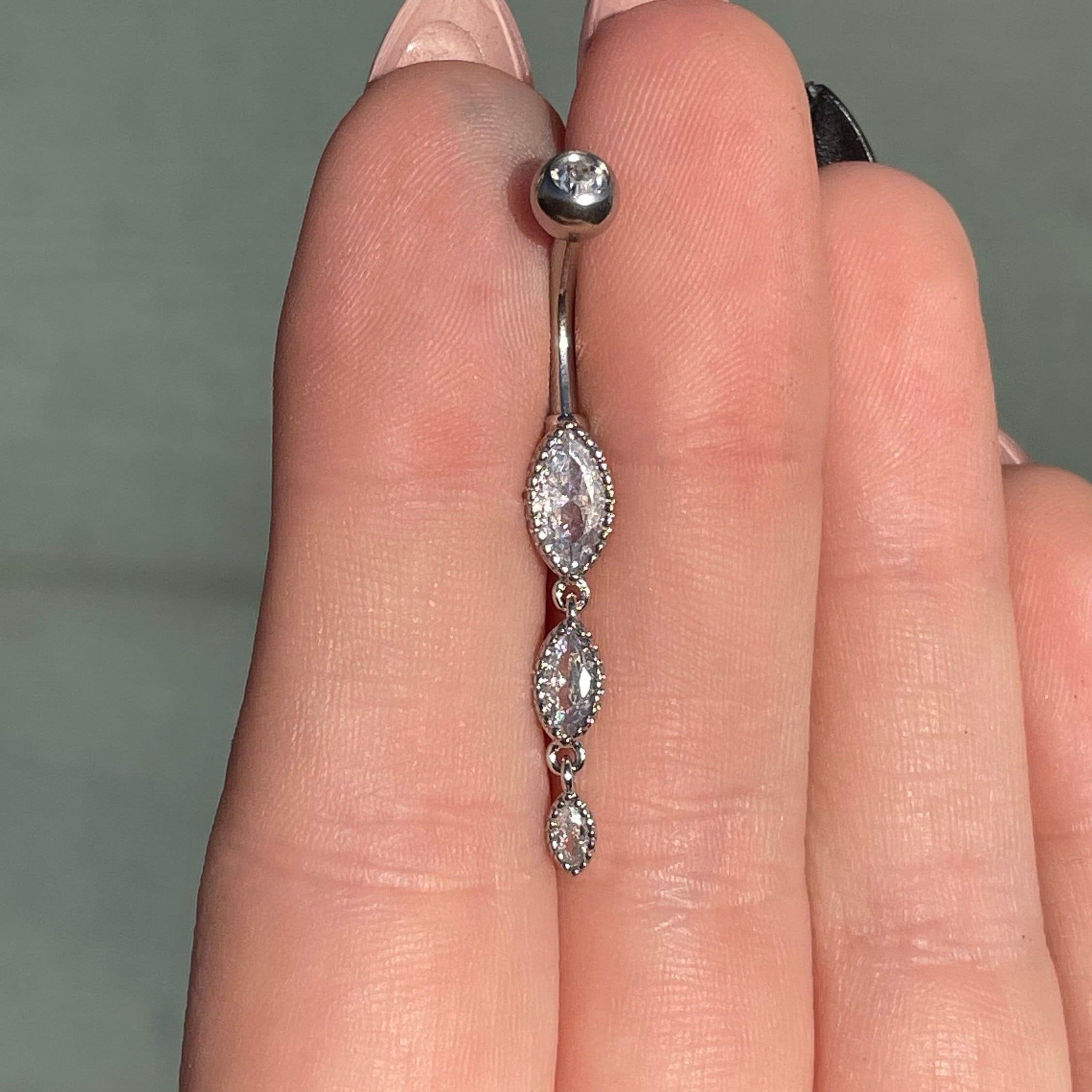 Marquise Crystal Dangly Belly Button Ring (14G | 10mm | Surgical Steel | Silver, Rose Gold or Gold)