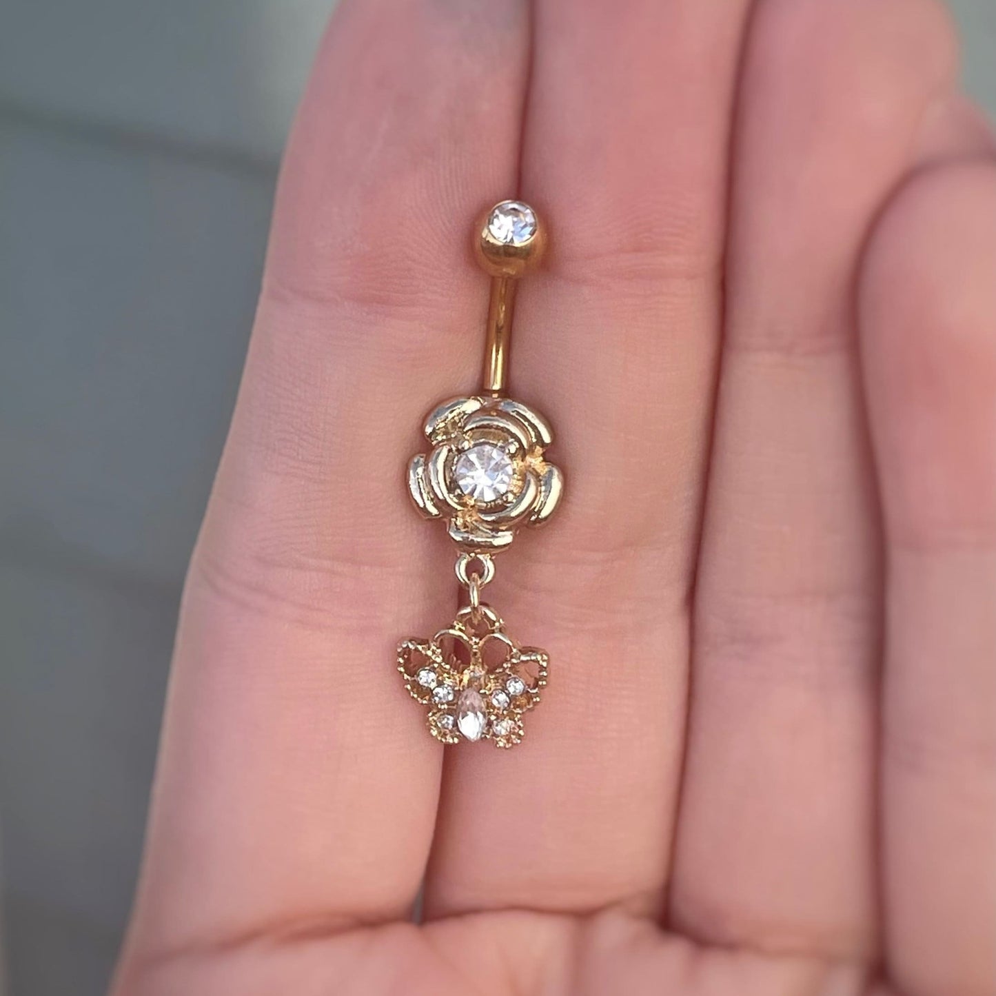 Gold Flower & Butterfly Belly Button Ring (14G | 10mm | Surgical Steel | Silver or Gold)