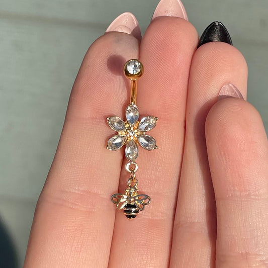 Gold Flower & Bee Belly Button Ring (14G | 10mm | Surgical Steel)