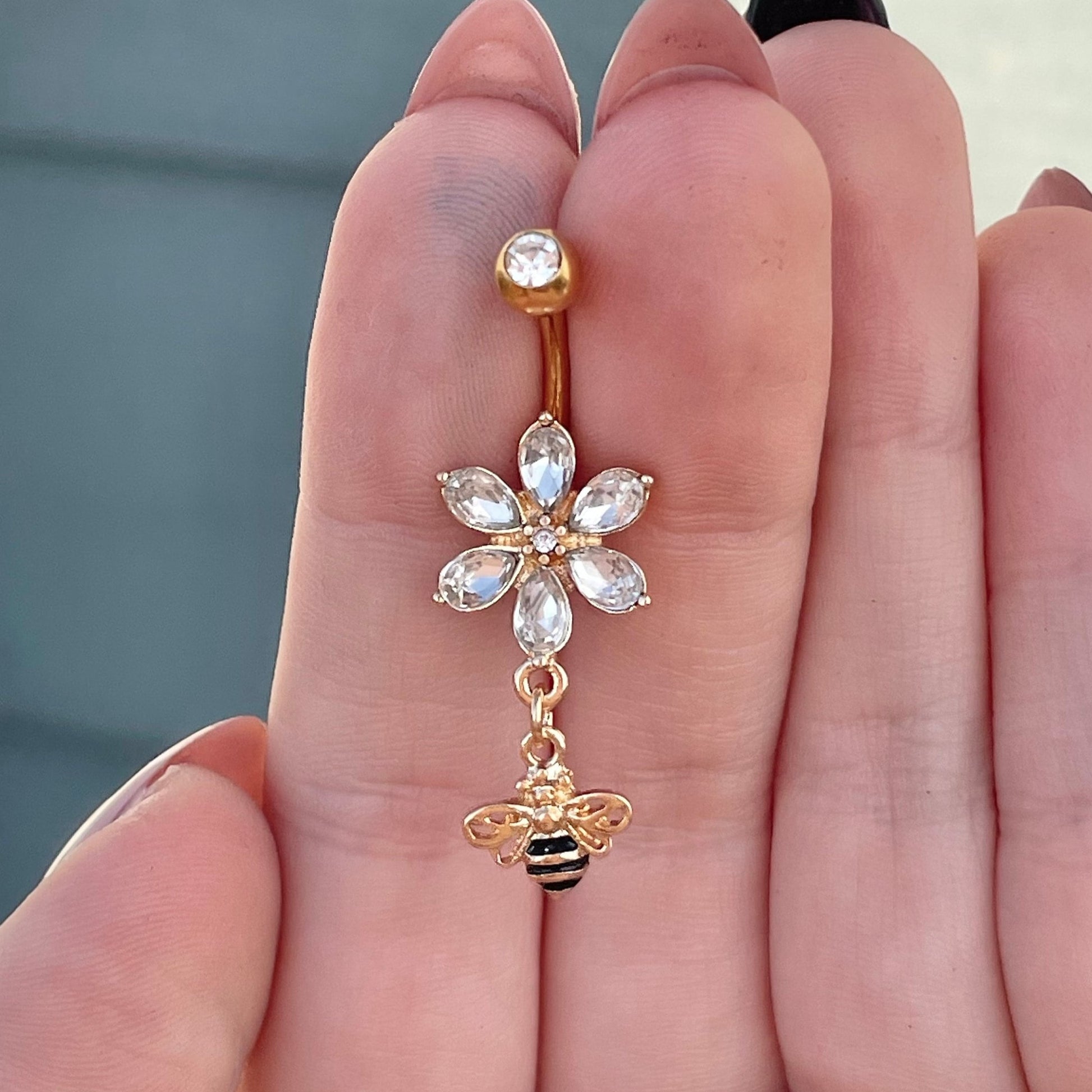 Gold Flower & Bee Belly Button Ring (14G | 10mm | Surgical Steel)