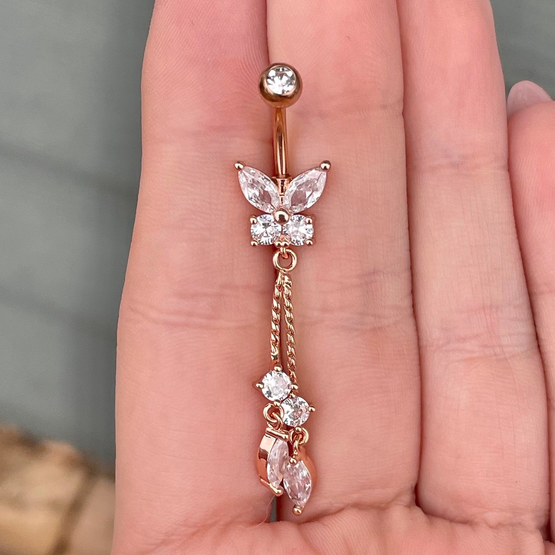 Dangly Gold Butterfly Belly Button Ring (14G | 10mm | Surgical Steel | Gold, Silver or Rose Gold)
