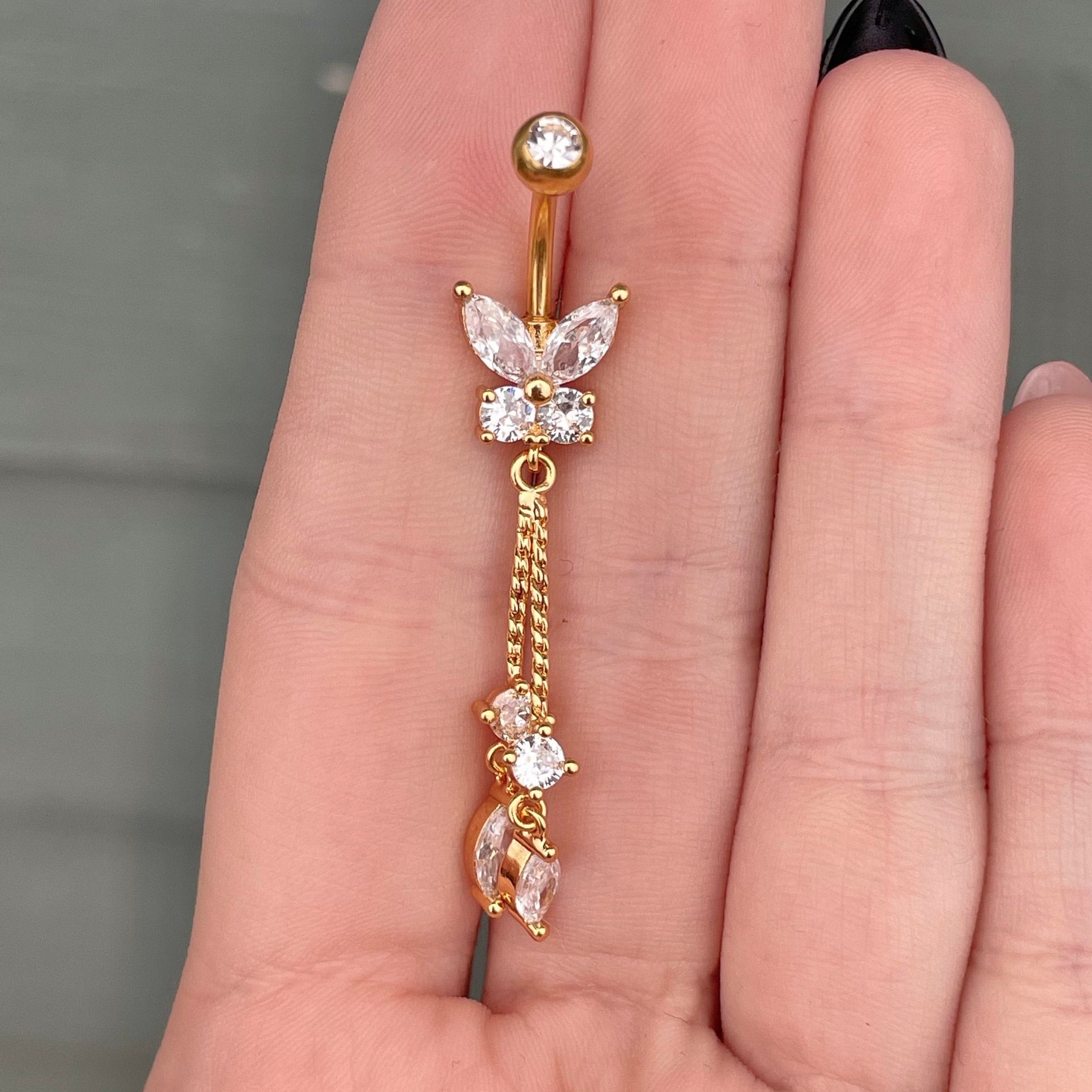 Dangly Gold Butterfly Belly Button Ring (14G | 10mm | Surgical Steel | Gold, Silver or Rose Gold)