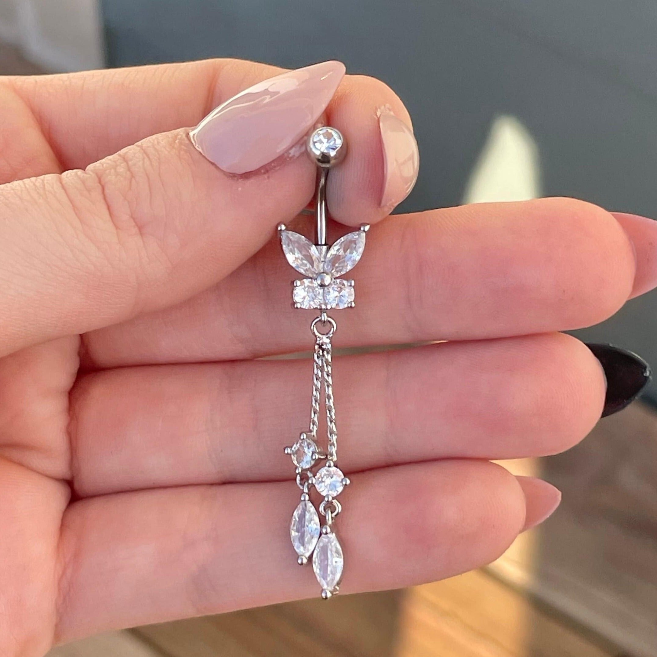 Dangly Gold Butterfly Belly Button Ring (14G | 10mm | Surgical Steel | Gold, Silver or Rose Gold)
