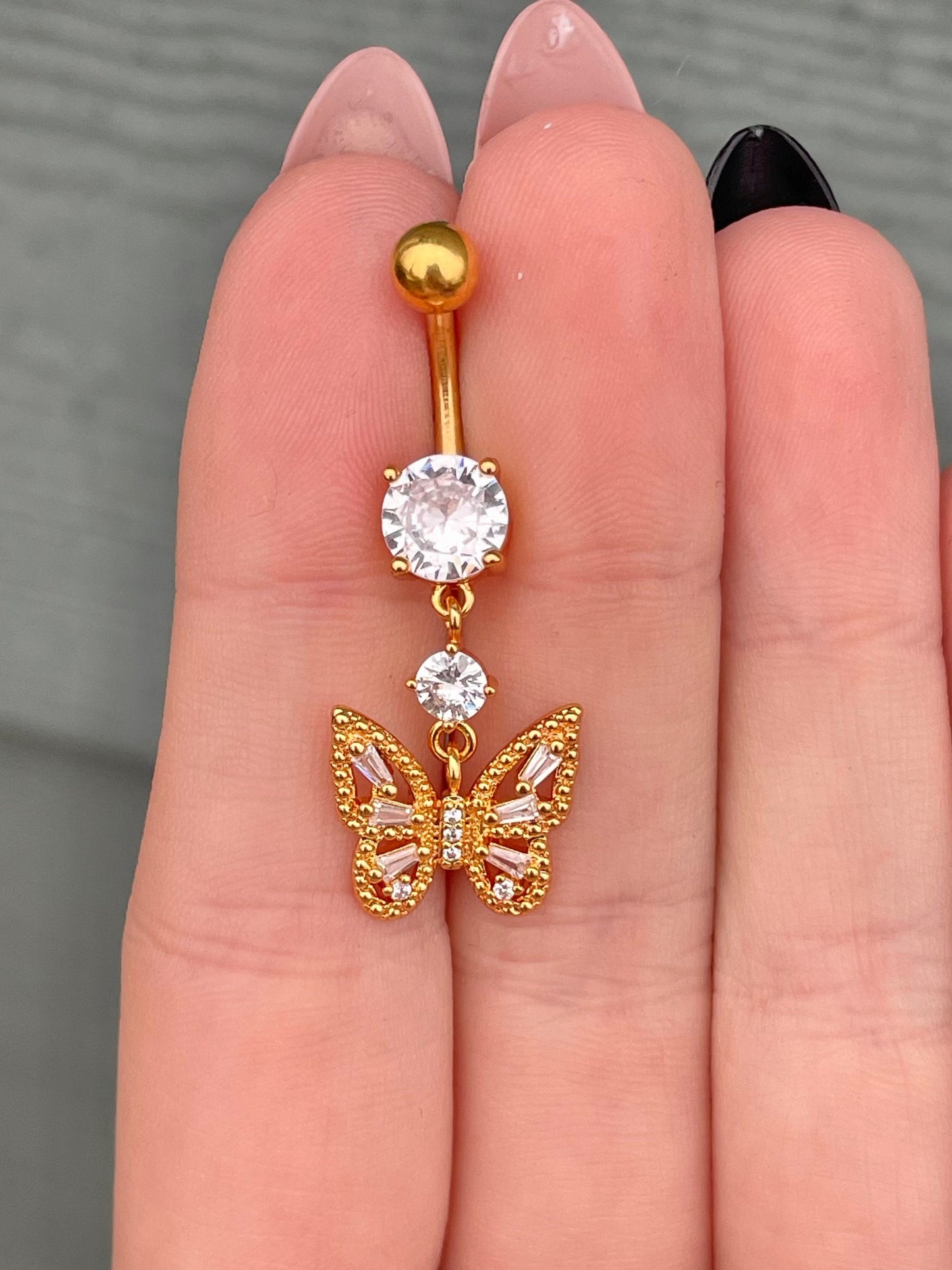 Dangling Butterfly Belly Button Ring (14G | 10mm | Surgical Steel | Silver or Gold)