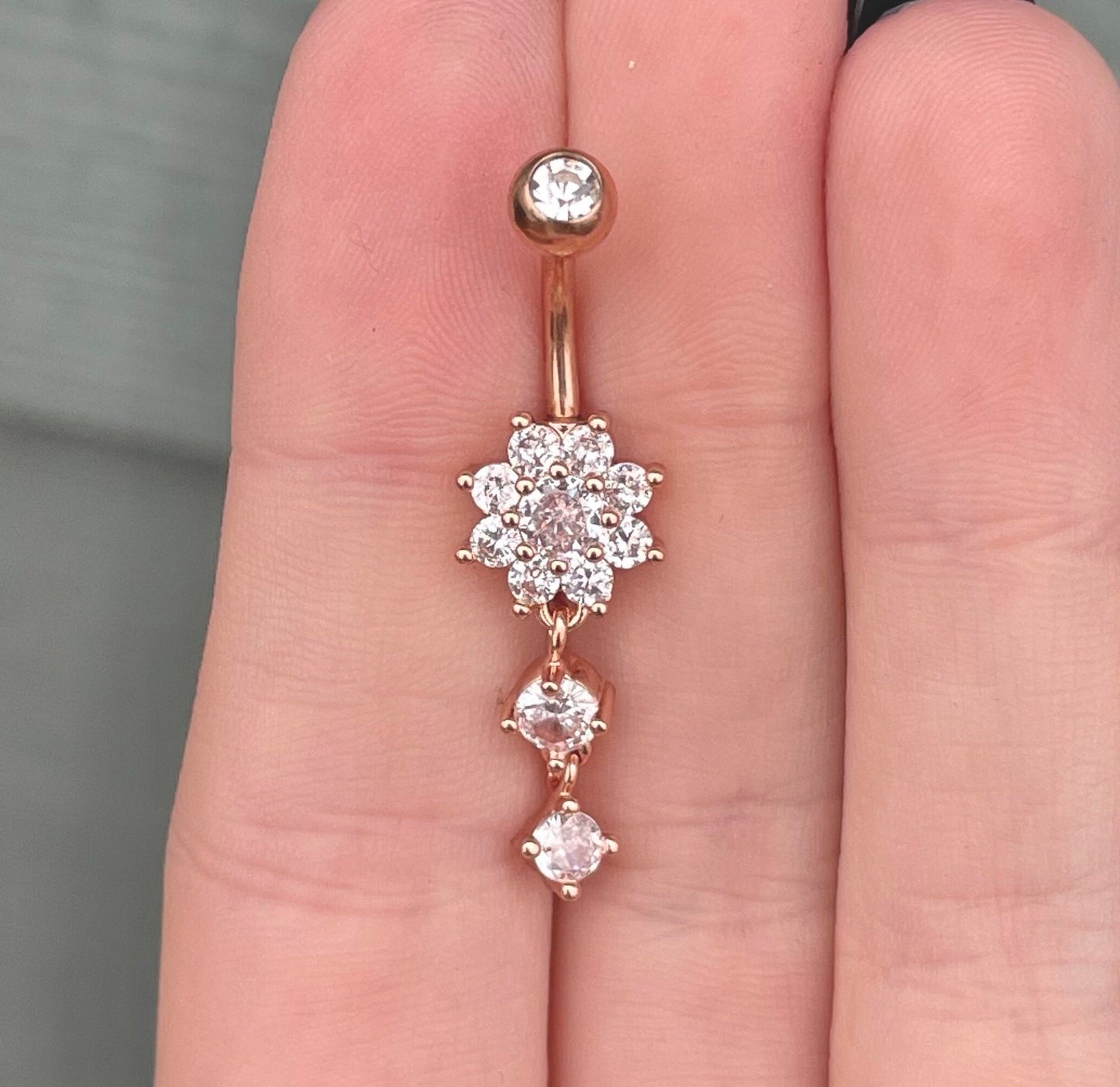 Small Dangly Silver Flower Belly Button Ring (14G | 10mm | Surgical Steel | Gold, Rose Gold, or Silver)