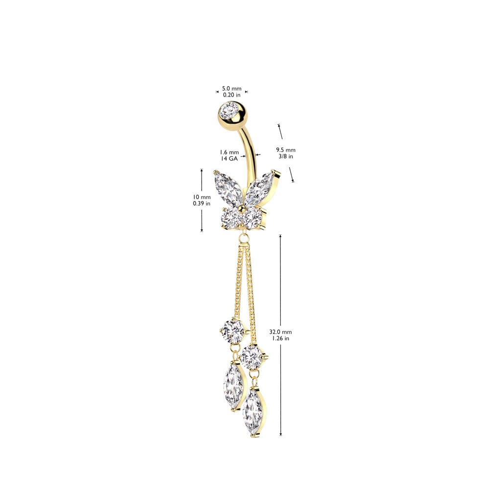 Dangly Gold Butterfly Belly Button Ring (14G | 10mm | Surgical Steel | Gold, Silver or Rose Gold)