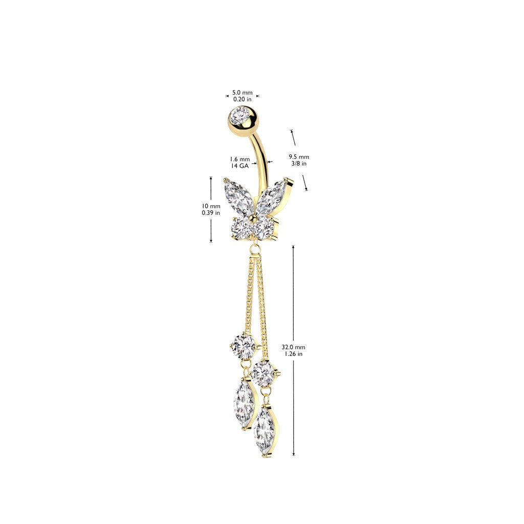 Dangle Butterfly Belly Button Piercing (14G | 10mm | Surgical Steel | Silver, Gold or Rose Gold)