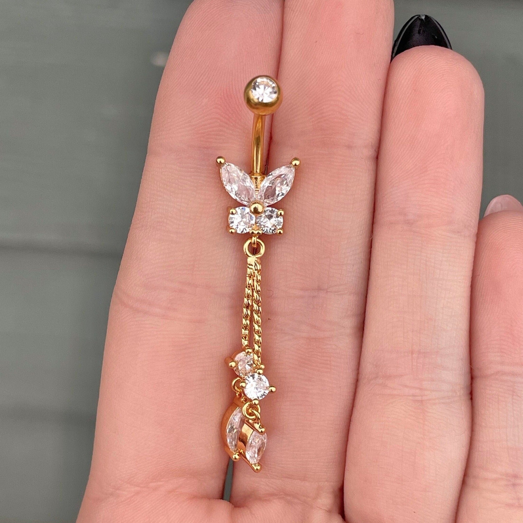 Dangle Butterfly Belly Button Piercing (14G | 10mm | Surgical Steel | Silver, Gold or Rose Gold)