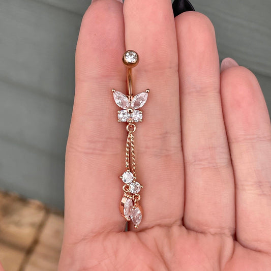 Dangle Butterfly Belly Button Piercing (14G | 10mm | Surgical Steel | Silver, Gold or Rose Gold)