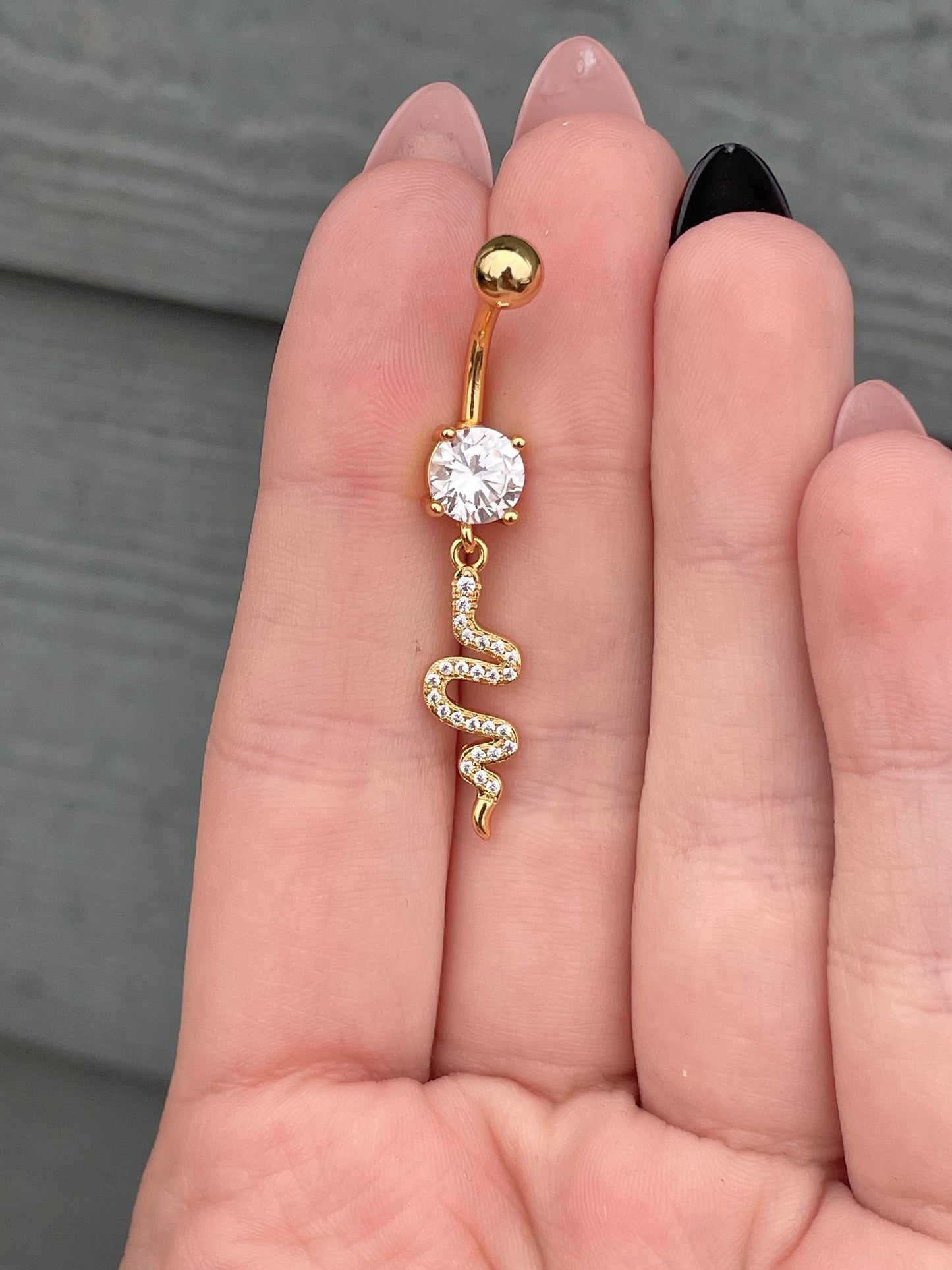 Gold Snake Charm Belly Button Ring (14G | 10mm | Surgical Steel | Gold or Silver)