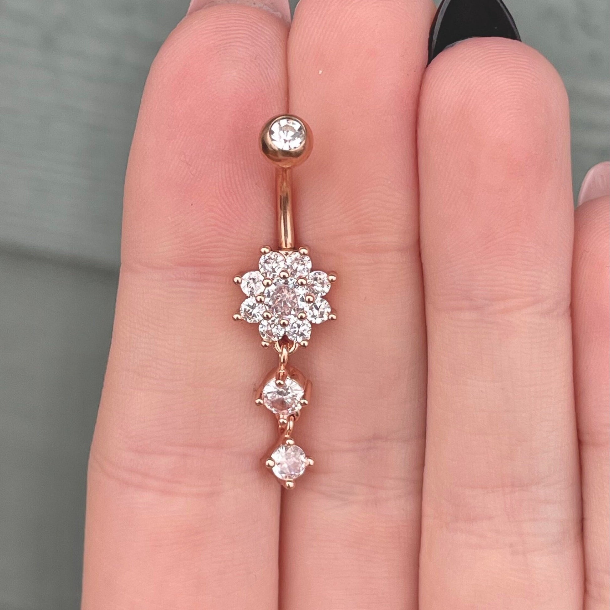 Small Dangly Silver Flower Belly Button Ring (14G | 10mm | Surgical Steel | Gold, Rose Gold, or Silver)