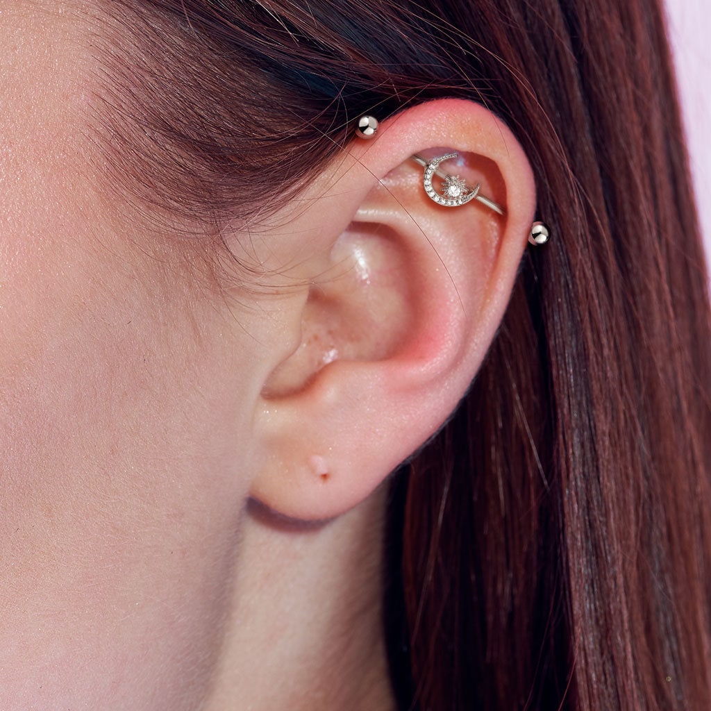 Lunar Arc Industrial Piercing-Industrial Barbell-Gold-Elara Body Jewelry