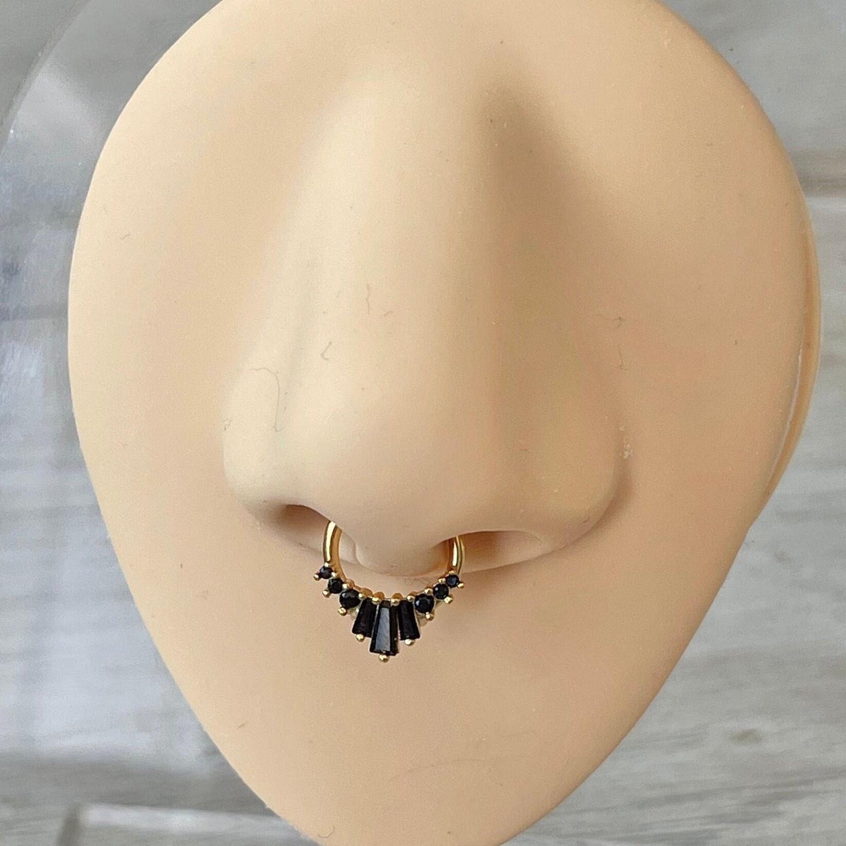 Siena Glow Septum Ring-Septum Ring-8mm Diameter-Gold/Black CZs-Elara Body Jewelry